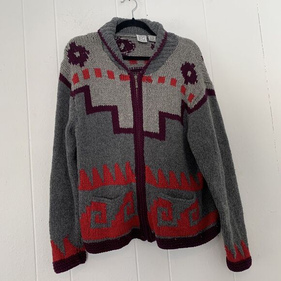Vtg Field Gear Womens Large Jacket Sweater Knit Warm Wool Lambswool Grey Aztec - Picture 1 of 5